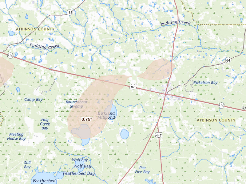 Radar-estimated hail-size map of the storm over Pearson, GA on Aug 21, 2026