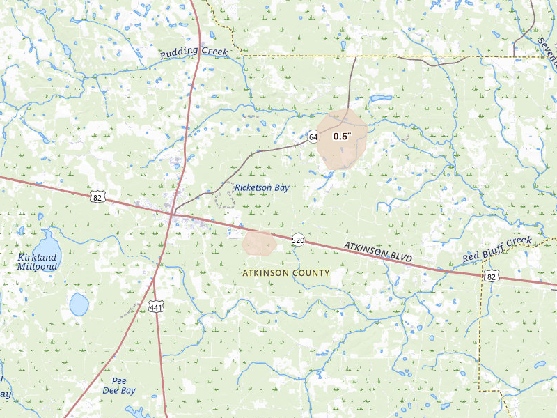 Radar-estimated hail-size map of the storm over Pearson, GA on Aug 25, 2026