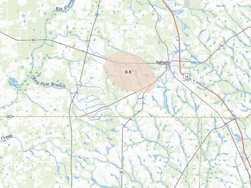 Radar-estimated hail-size map of the storm over Pelham, GA on Aug 12, 2026