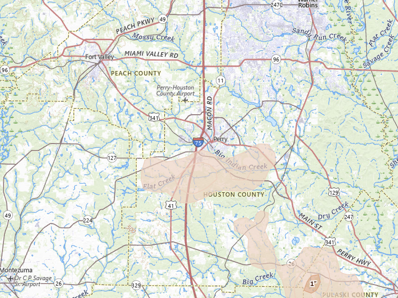 Radar-estimated hail-size map of the storm over Perry, GA on Jul 9, 2026