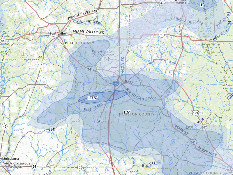 NEXRAD radar-signature map of the hail storm over Perry, GA on Jul 9, 2026