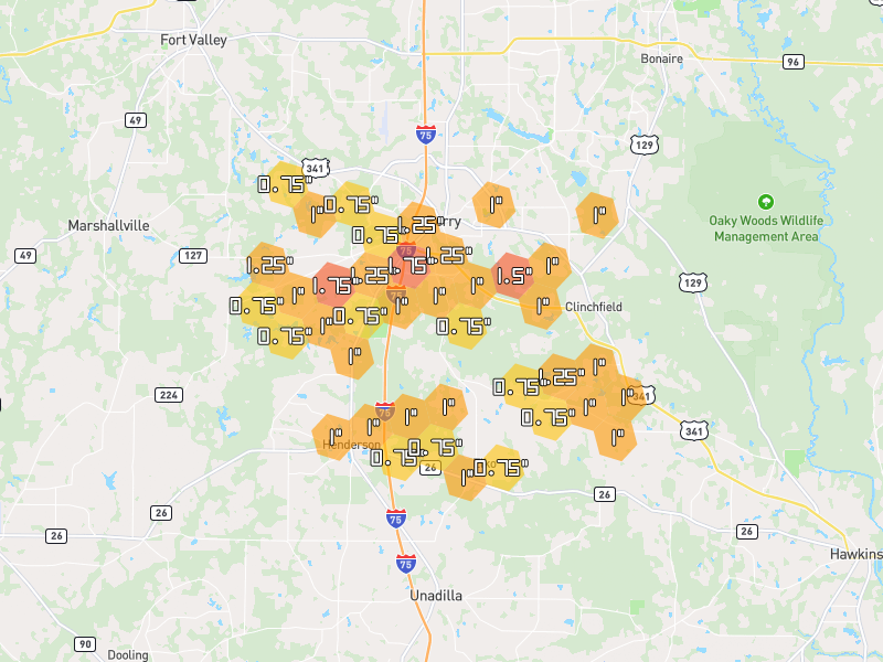 Hail map of Perry, GA on Jul 9, 2026, hail up to 1.75"