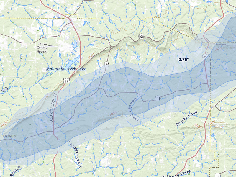 NEXRAD radar-signature map of the hail over Pine Mountain Valley, GA