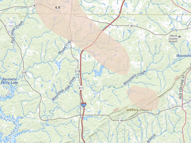 Radar-estimated hail-size map of the storm over Pine Mountain, GA on Jun 1, 2026