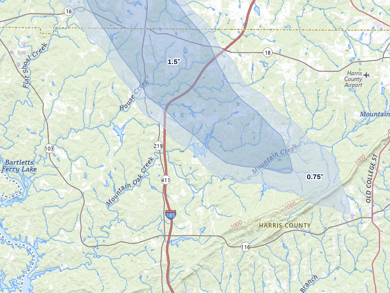 NEXRAD radar-signature map of the hail over Pine Mountain, GA