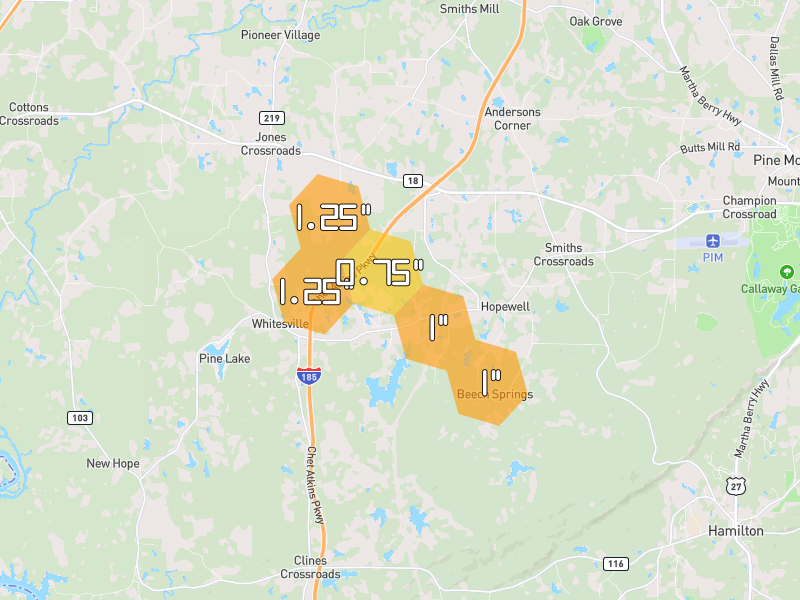 Hail map of Pine Mountain, GA on Jun 1, 2026, hail up to 1.25"
