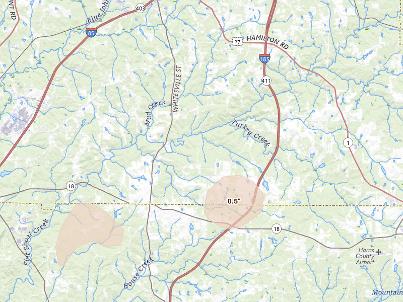 Radar-estimated hail-size map of the storm over Pine Mountain, GA on Aug 14, 2026