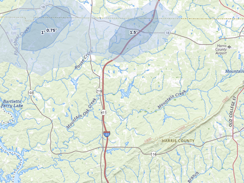 NEXRAD radar-signature map of the hail storm over Pine Mountain, GA on Aug 14, 2026