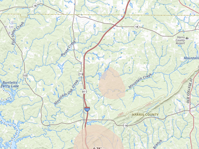 Radar-estimated hail-size map of the storm over Pine Mountain, GA