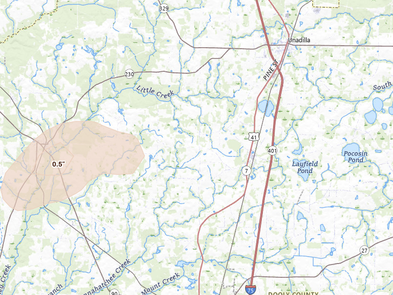 Radar-estimated hail-size map of the storm over Pinehurst, GA on Jul 9, 2026