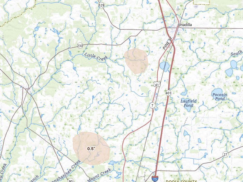Radar-estimated hail-size map of the storm over Pinehurst, GA on Aug 6, 2026