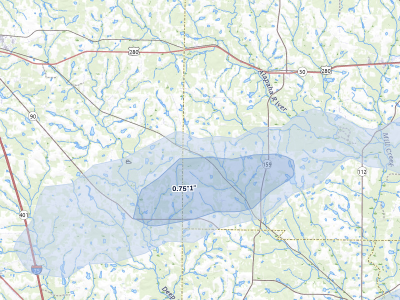 NEXRAD radar-signature map of the hail storm over Pitts, GA on Jul 9, 2026