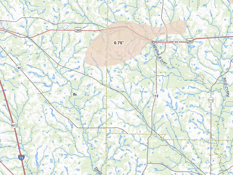Radar-estimated hail-size map of the storm over Pitts, GA on Jul 10, 2026