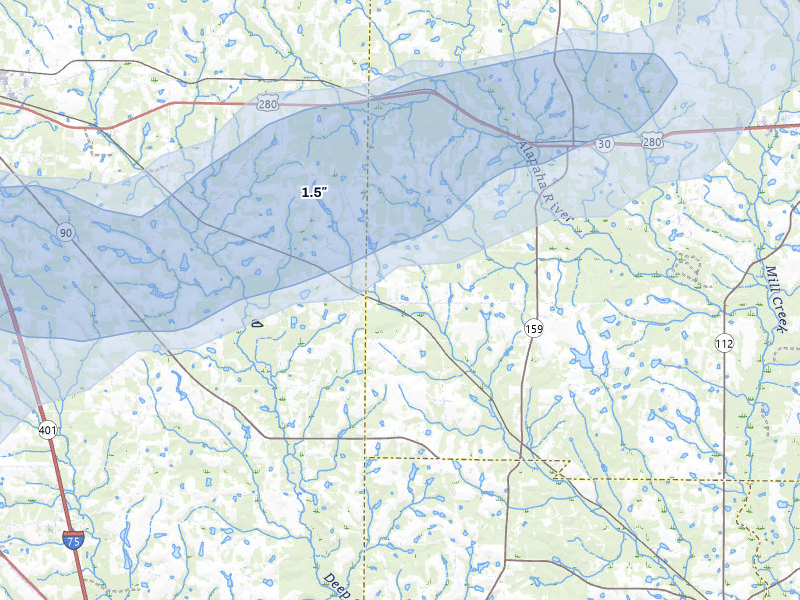 NEXRAD radar-signature map of the hail storm over Pitts, GA on Jul 10, 2026