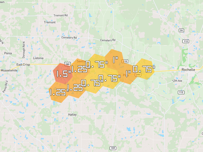 Hail map of Pitts, GA on Jul 11, 2026, hail up to 1.5"