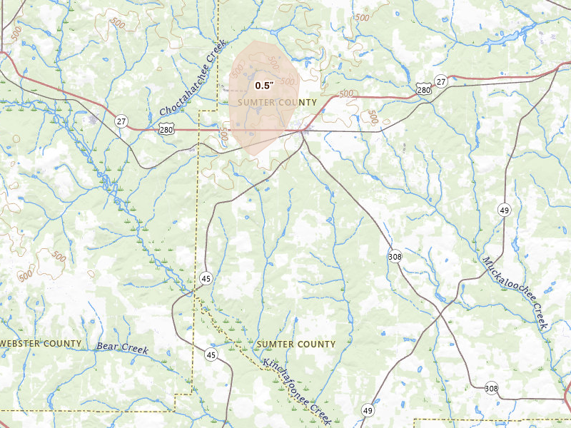 Radar-estimated hail-size map of the storm over Plains, GA on May 22, 2026