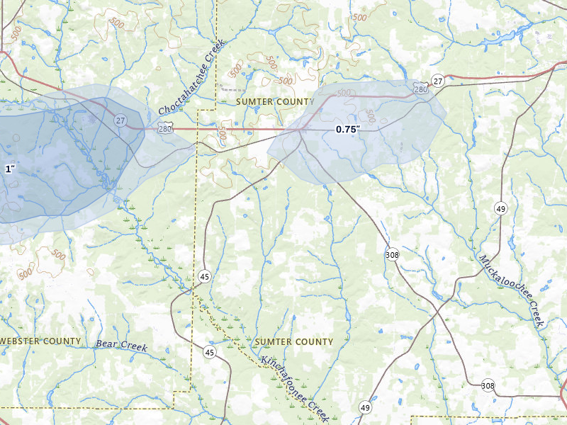 NEXRAD radar-signature map of the hail storm over Plains, GA on Jul 9, 2026