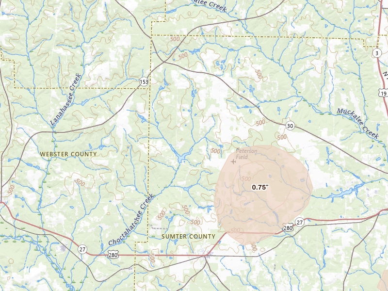 Radar-estimated hail-size map of the storm over Plains, GA on Aug 13, 2026