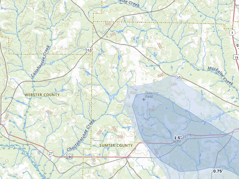 NEXRAD radar-signature map of the hail storm over Plains, GA on Aug 13, 2026