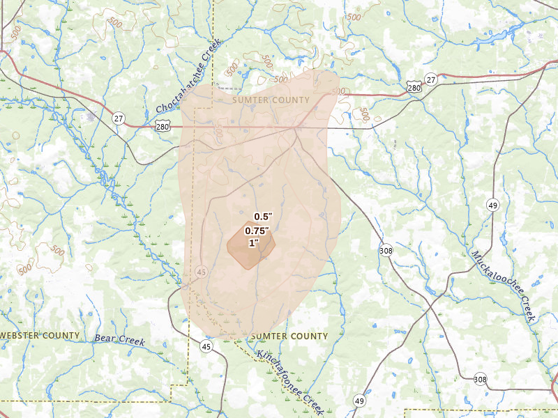 Radar-estimated hail-size map of the storm over Plains, GA on Aug 21, 2026