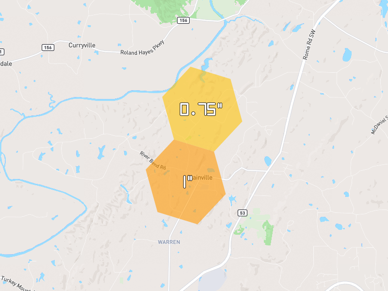 Hail map of Plainville, GA on Jul 3, 2026, hail up to 1"