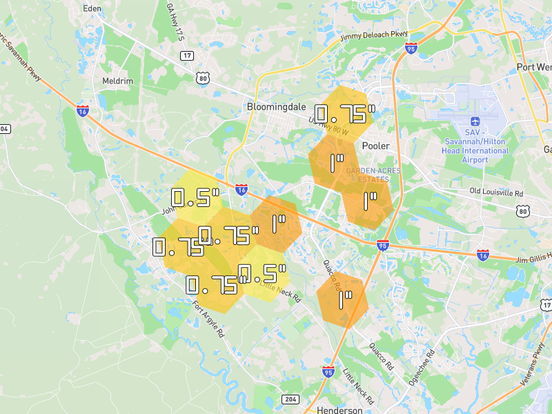 Hail map of Pooler, GA on Jul 6, 2026, hail up to 1"