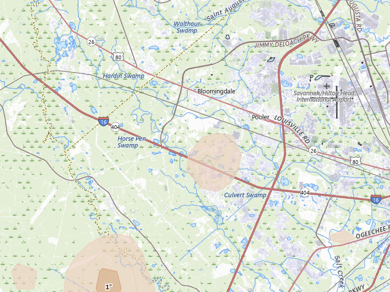 Radar-estimated hail-size map of the storm over Pooler, GA on Aug 25, 2026