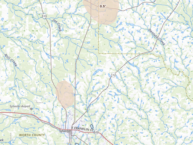 Radar-estimated hail-size map of the storm over Poulan, GA on Aug 22, 2026
