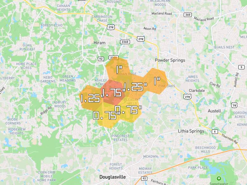 Hail map of Powder Springs, GA on Jul 2, 2026, hail up to 1.75"
