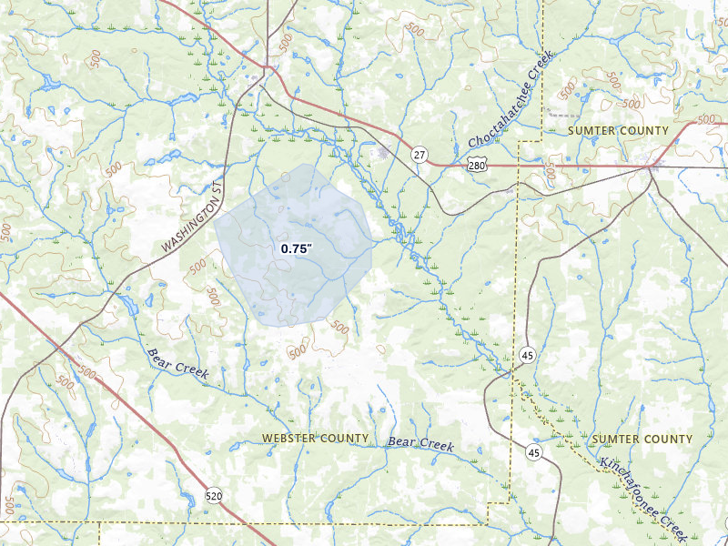 NEXRAD radar-signature map of the hail over Preston, GA