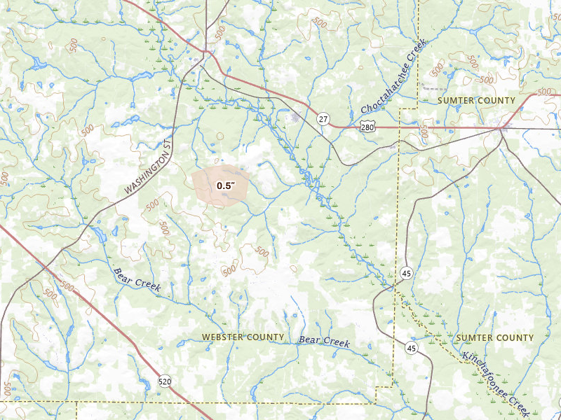 Radar-estimated hail-size map of the storm over Preston, GA on Jul 9, 2026