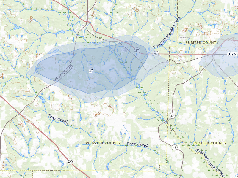 NEXRAD radar-signature map of the hail storm over Preston, GA on Jul 9, 2026