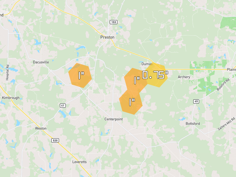 Hail map of Preston, GA on Jul 9, 2026, hail up to 1"