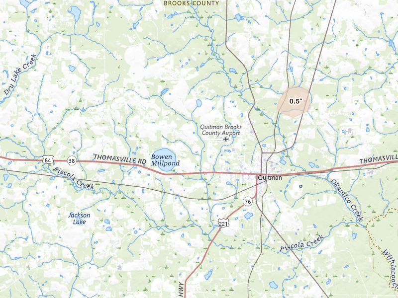 Radar-estimated hail-size map of the storm over Quitman, GA on Jun 13, 2026