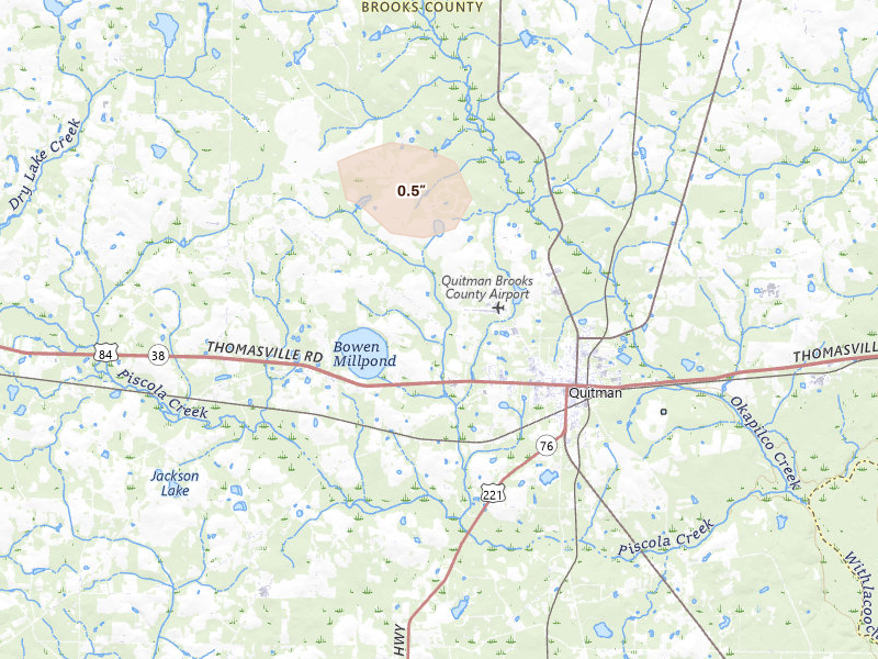 Radar-estimated hail-size map of the storm over Quitman, GA on Jun 23, 2026
