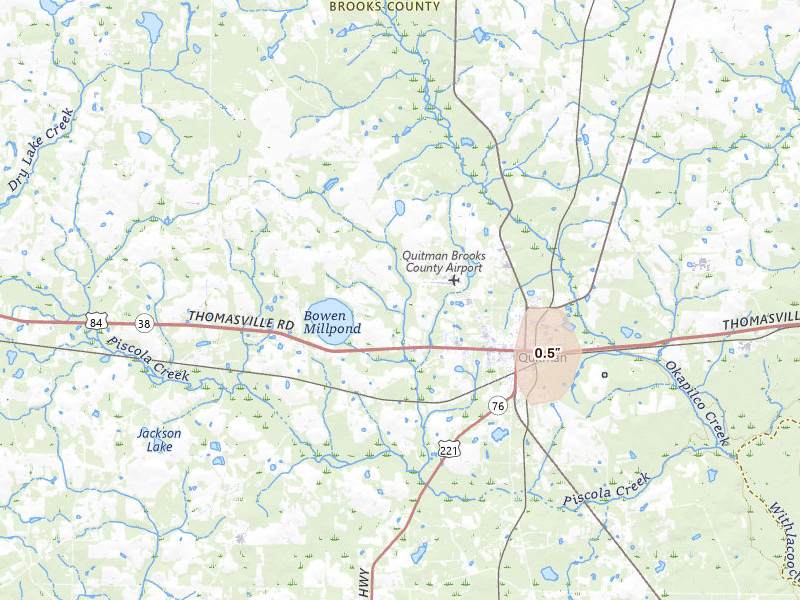 Radar-estimated hail-size map of the storm over Quitman, GA on Aug 6, 2026