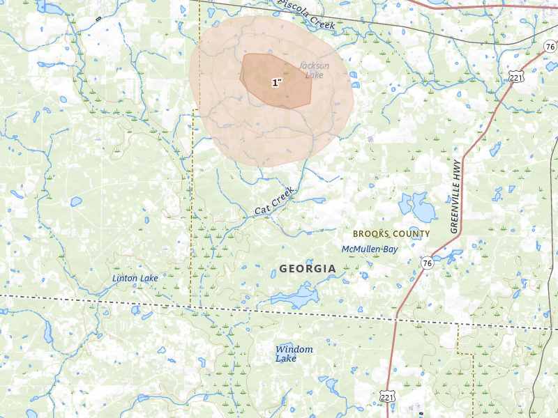 Radar-estimated hail-size map of the storm over Quitman, GA on Aug 13, 2026