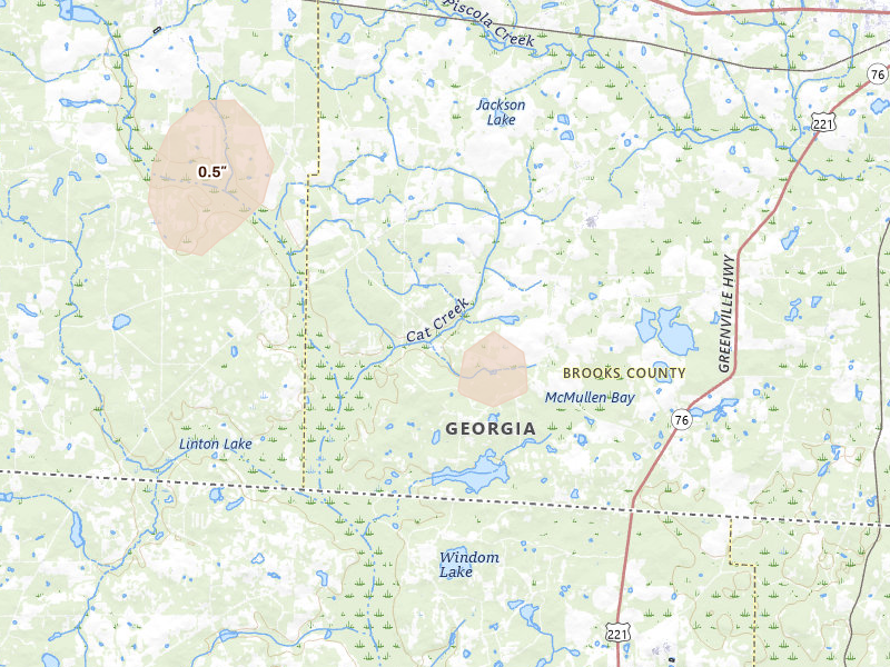 Radar-estimated hail-size map of the storm over Quitman, GA on Aug 19, 2026