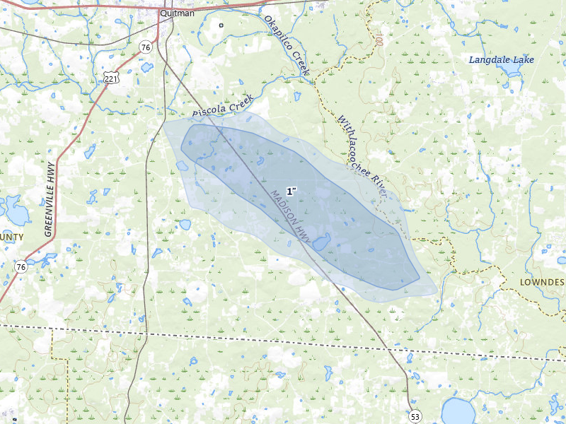 NEXRAD radar-signature map of the hail storm over Quitman, GA on Aug 19, 2026