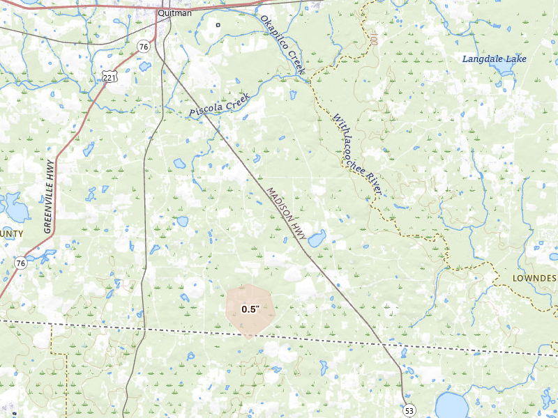 Radar-estimated hail-size map of the storm over Quitman, GA on Aug 22, 2026
