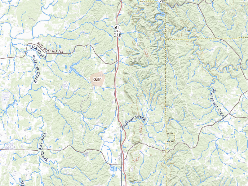 Radar-estimated hail-size map of the storm over Ranger, GA on Aug 20, 2026