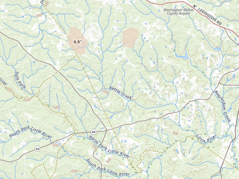 Radar-estimated hail-size map of the storm over Rayle, GA on Jul 27, 2026