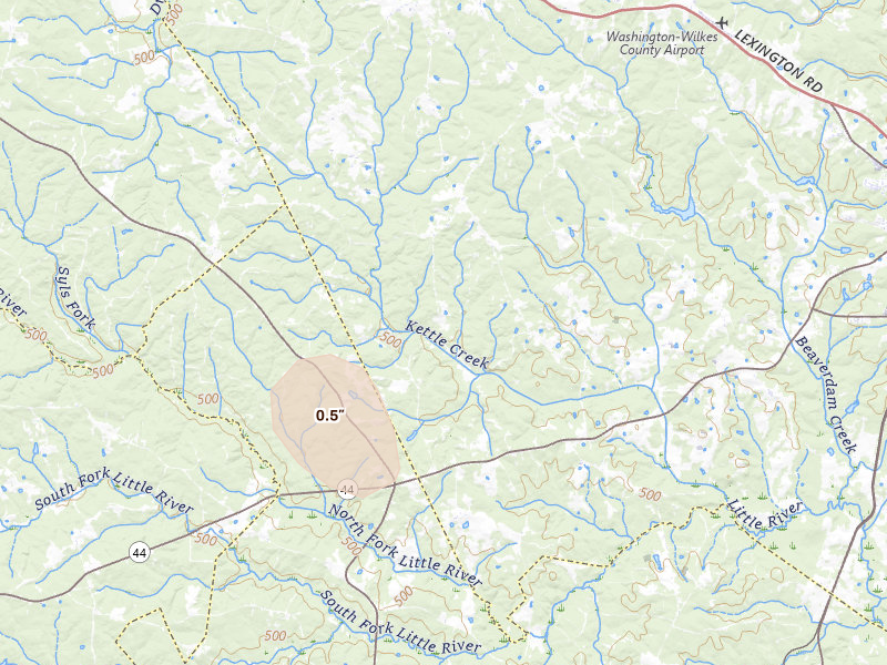 Radar-estimated hail-size map of the storm over Rayle, GA on Aug 13, 2026