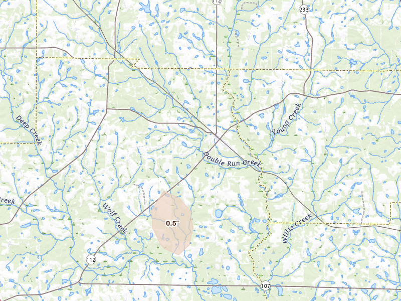 Radar-estimated hail-size map of the storm over Rebecca, GA on May 24, 2026
