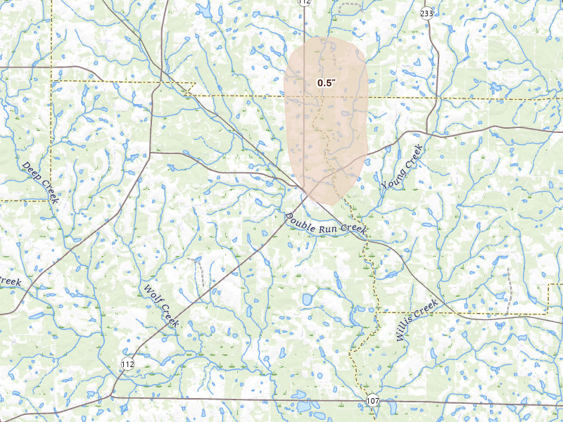 Radar-estimated hail-size map of the storm over Rebecca, GA on Aug 21, 2026