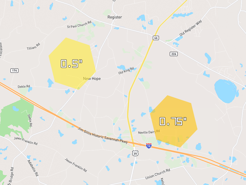 Hail map of Register, GA on Jul 5, 2026, hail up to 0.75"