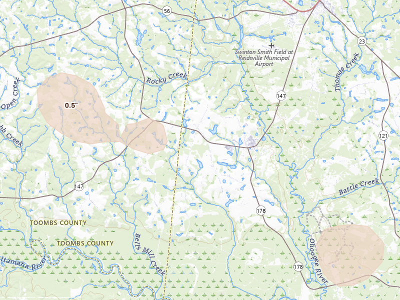 Radar-estimated hail-size map of the storm over Reidsville, GA on Jun 29, 2026