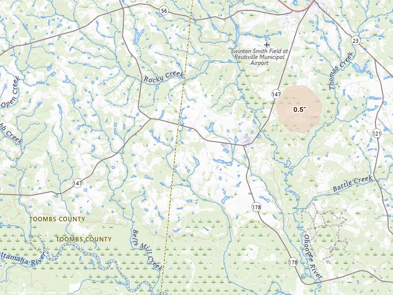 Radar-estimated hail-size map of the storm over Reidsville, GA on Jul 5, 2026