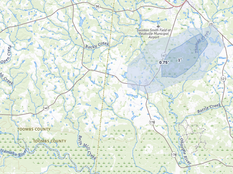 NEXRAD radar-signature map of the hail storm over Reidsville, GA on Jul 5, 2026