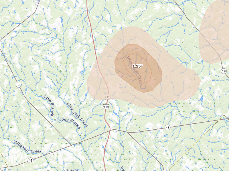 Radar-estimated hail-size map of the storm over Rentz, GA on May 17, 2026
